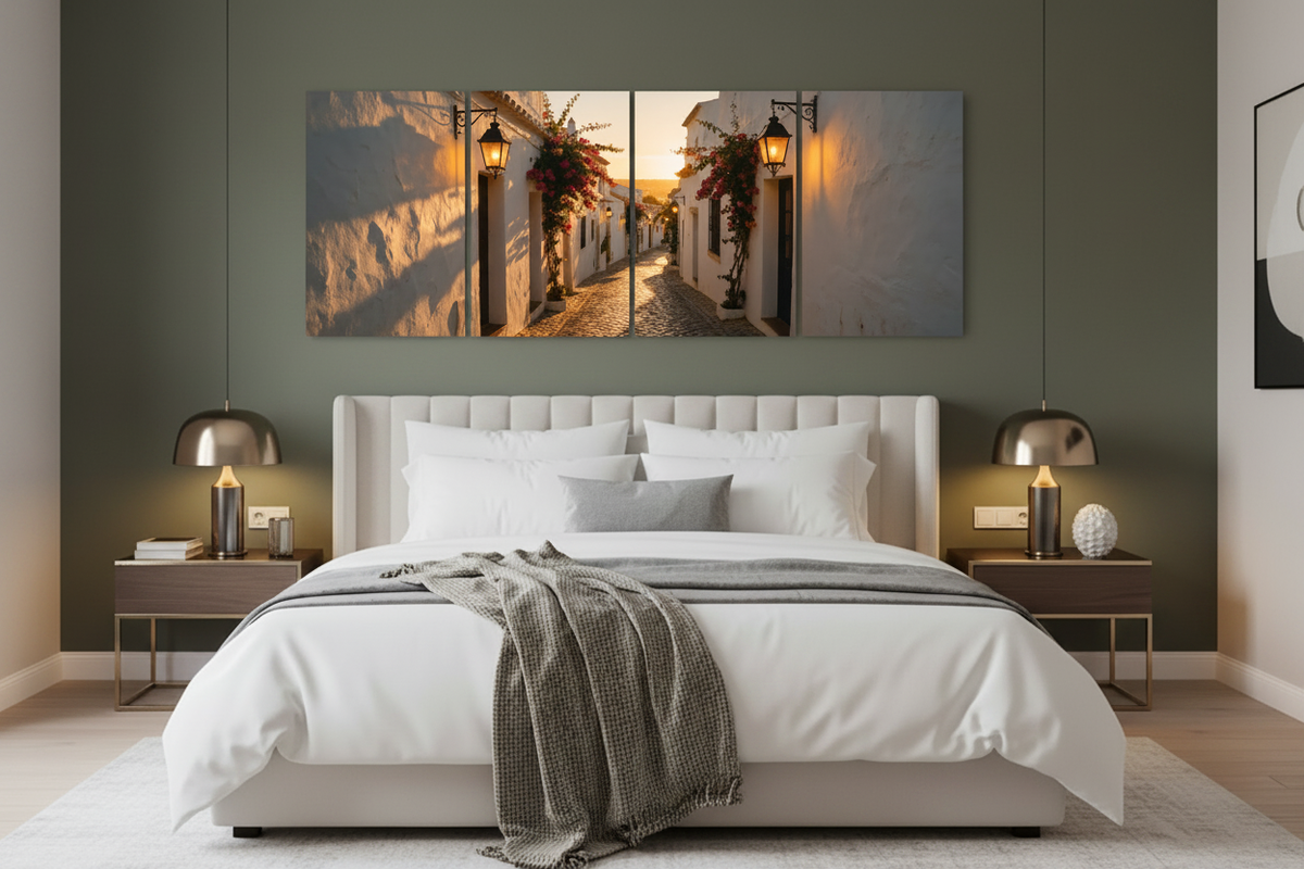 Four-panel Albufeira Old Town canvas wall art in a sage green and brass boutique hotel suite - Portugal Canvas Co
