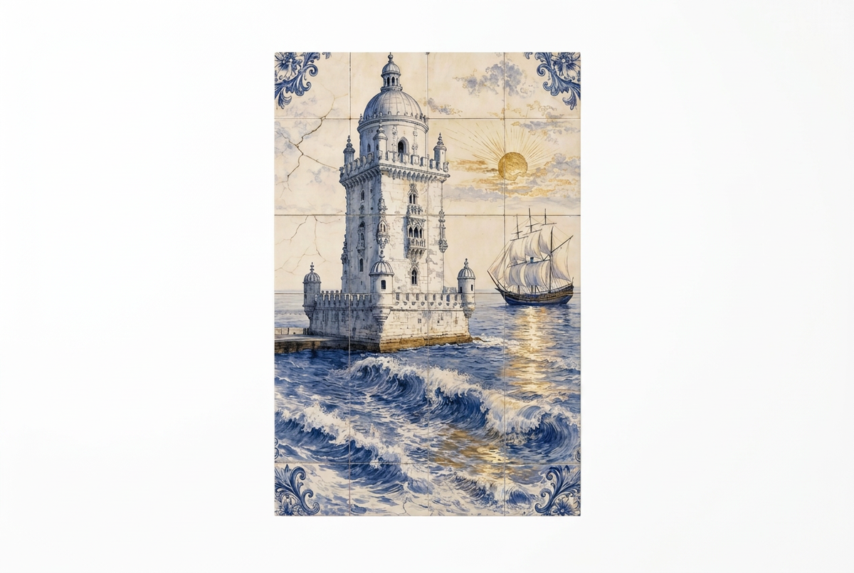 Belem Tower Portuguese azulejo-style canvas with ocean waves and sailing ship on a flat white background - Portugal Canvas Co