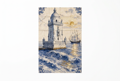 Belem Tower Portuguese azulejo-style canvas with ocean waves and sailing ship on a flat white background - Portugal Canvas Co