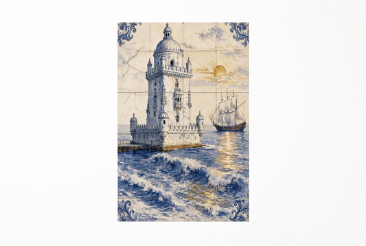 Belem Tower Portuguese azulejo-style canvas with ocean waves and sailing ship on a flat white background - Portugal Canvas Co