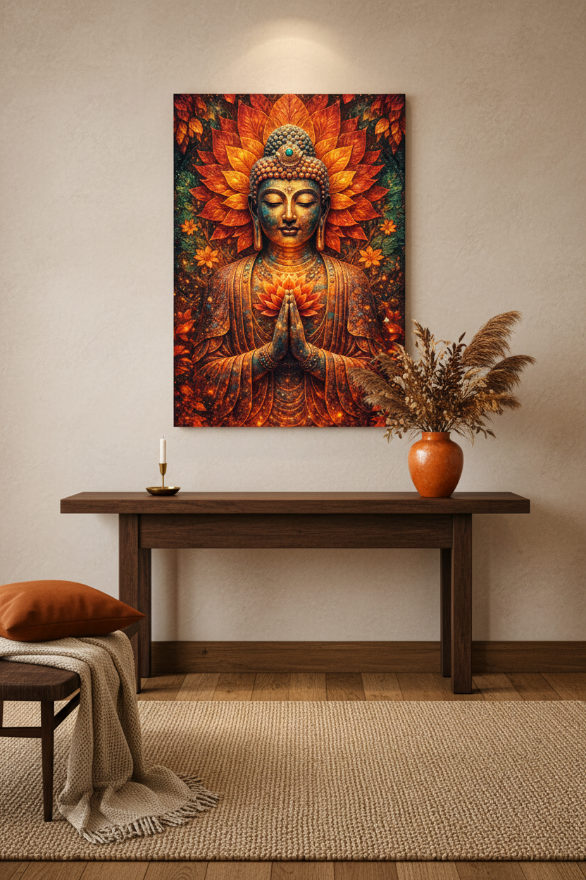 Golden serenity Buddha radiant lotus meditation canvas wall art above a dark wood console table with terracotta vase in an elegant spiritual entryway - Portugal Canvas Co