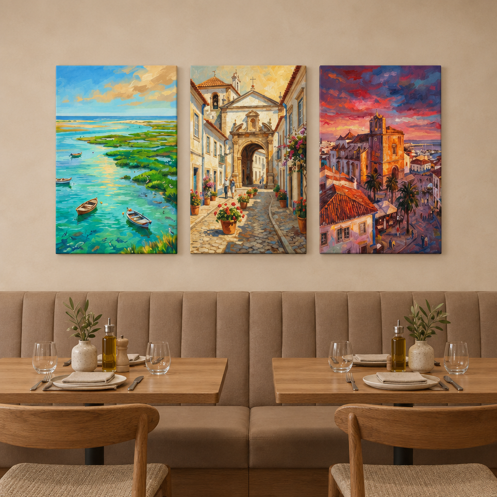Faro three-panel canvas set with lagoon boats, an old town arch and sunset church in a neutral restaurant dining room - Portugal Canvas Co