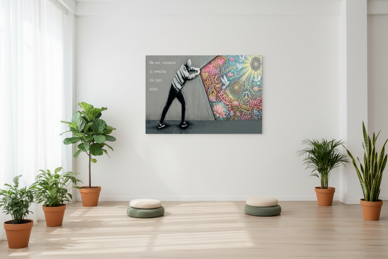 Revealing the light within Banksy style canvas wall art displayed on the wall of a bright yoga and meditation studio with wooden floors and soft natural light - Portugal Canvas Co