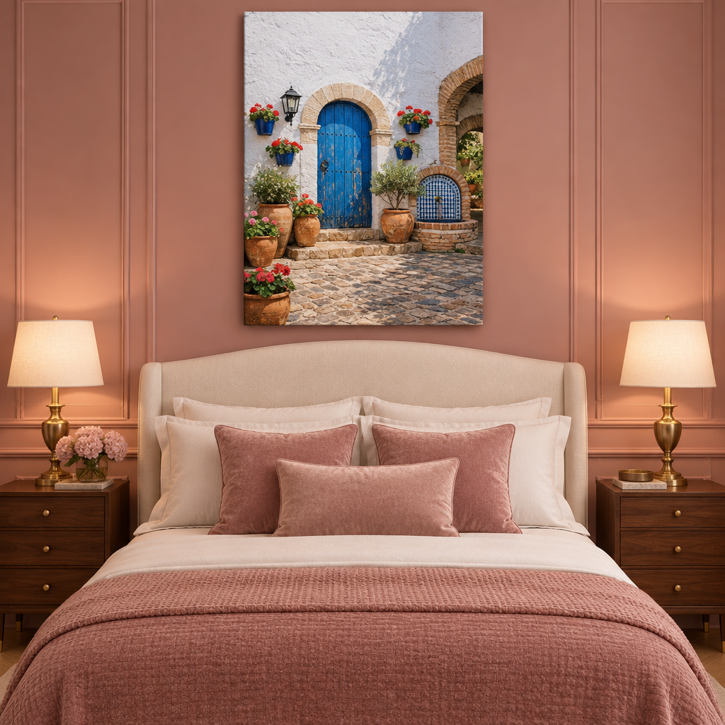 Mediterranean blue door courtyard portrait canvas in a dusty rose bedroom - Portugal Canvas Co