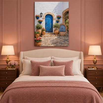 Mediterranean blue door courtyard portrait canvas in a dusty rose bedroom - Portugal Canvas Co