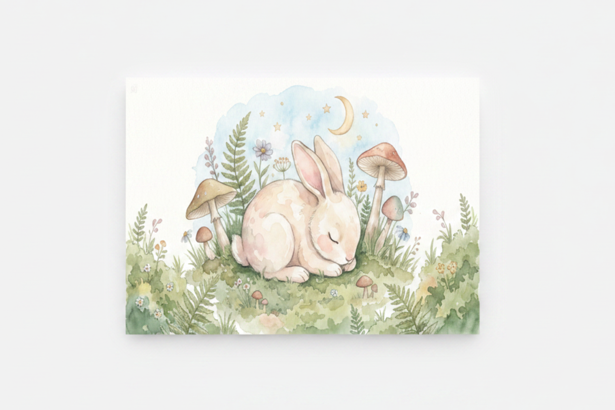 Sleeping baby rabbit nursery canvas wall art flat lay on white background, overhead view - Portugal Canvas Co