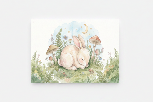 Sleeping baby rabbit nursery canvas wall art flat lay on white background, overhead view - Portugal Canvas Co