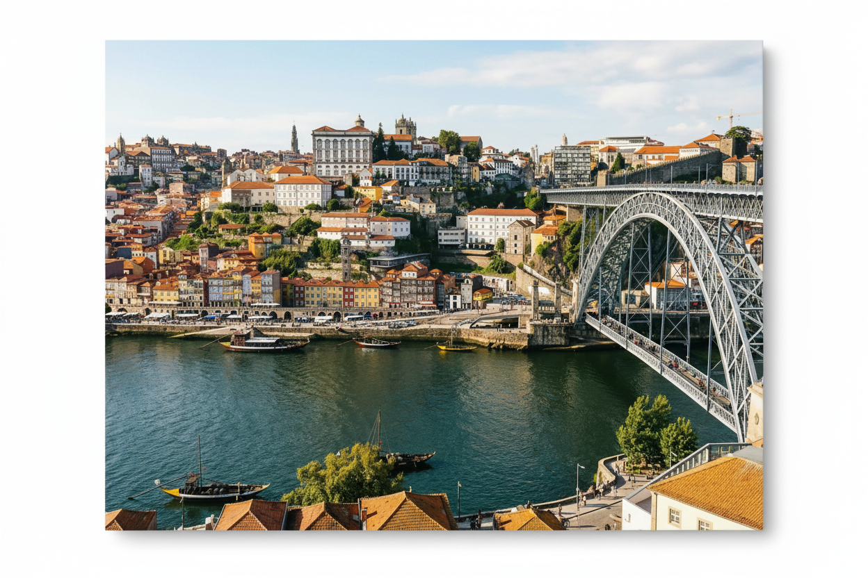 Porto Dom Luís I Bridge and Douro River canvas wall art flat lay on white background - Portugal Canvas Co