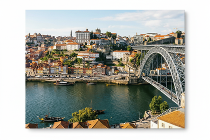 Porto Dom Luís I Bridge and Douro River canvas wall art flat lay on white background - Portugal Canvas Co