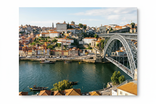 Porto Dom Luís I Bridge and Douro River canvas wall art flat lay on white background - Portugal Canvas Co