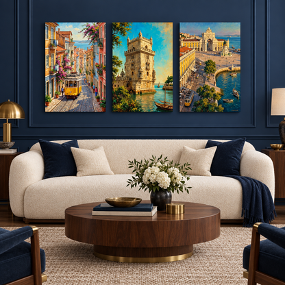 Lisbon three-panel canvas set with a yellow tram, Belém Tower and Praça do Comércio in a navy living room - Portugal Canvas Co