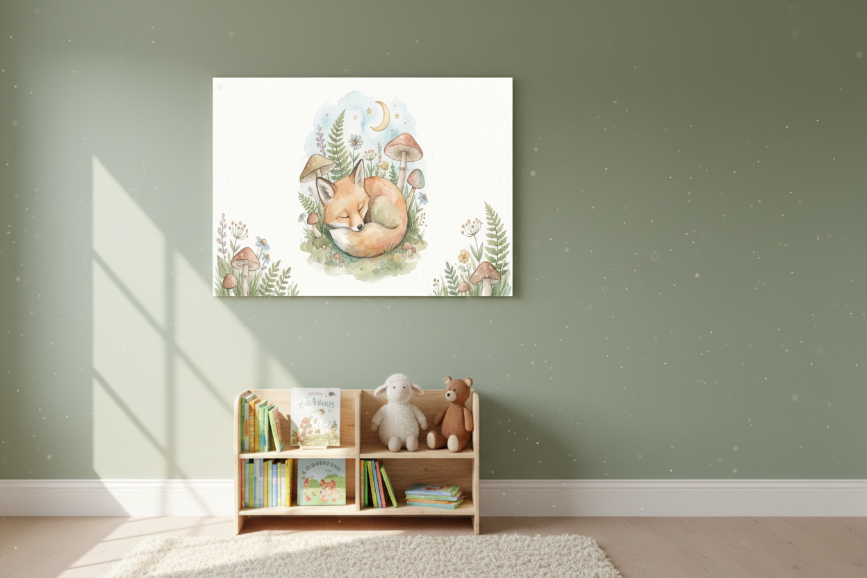 Sleeping baby fox nursery canvas wall art on a sage green nursery wall above a wooden bookshelf - Portugal Canvas Co