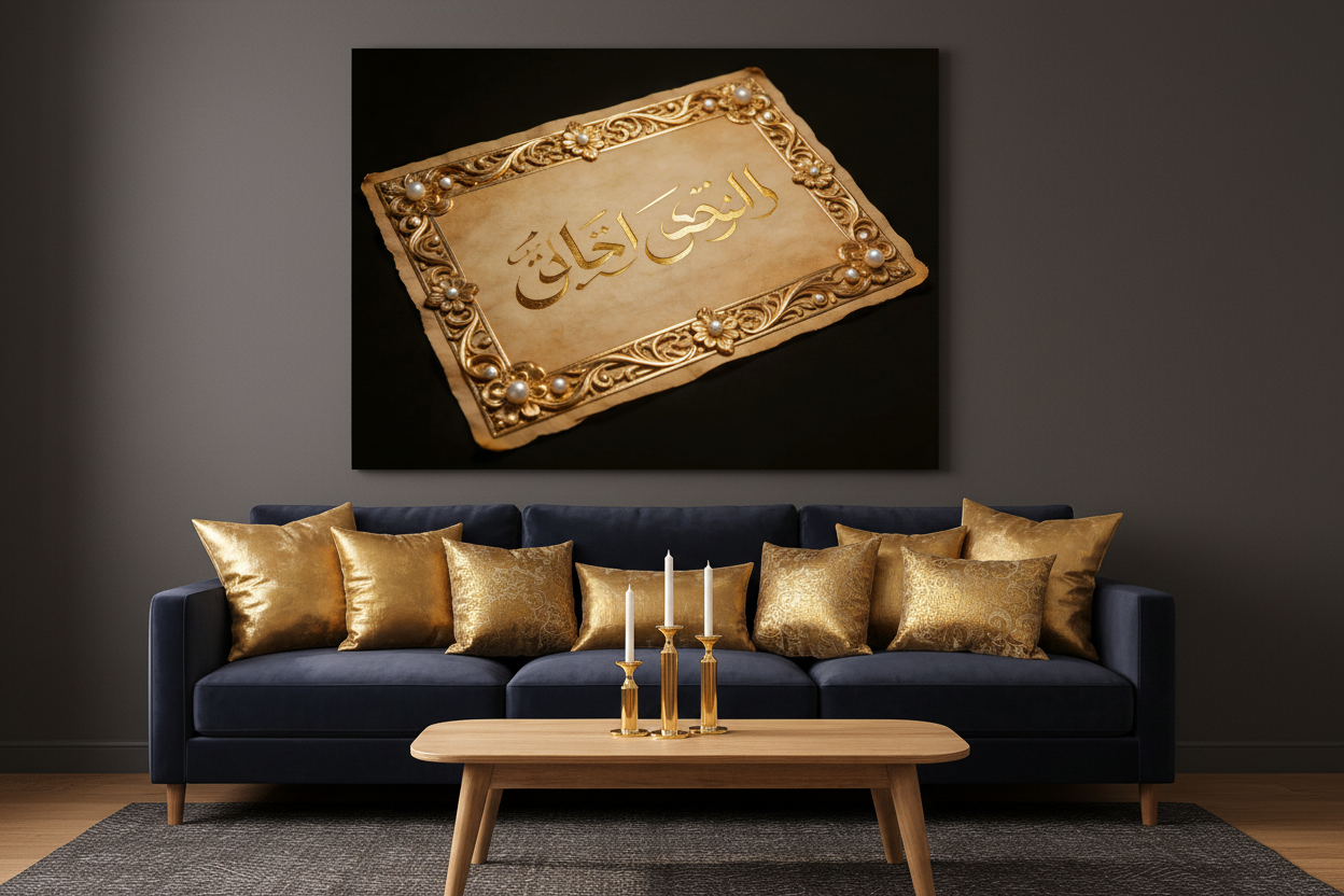 Divine golden scroll Arabic calligraphy canvas wall art displayed on charcoal wall above dark velvet sofa in dramatic luxury living room - Portugal Canvas Co