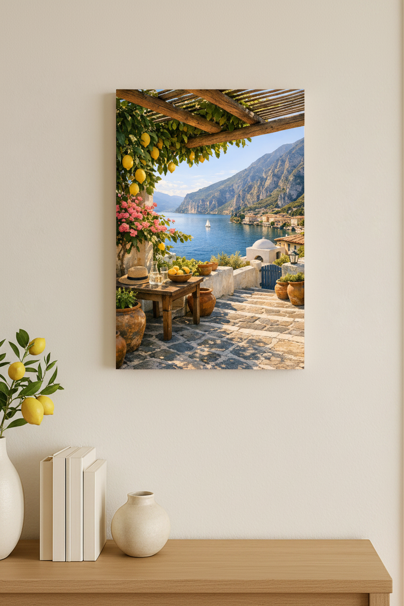 Mediterranean lemon pergola terrace canvas wall art with pink bougainvillea hung above a light oak console table with ceramic vase in a bright Mediterranean interior - Portugal Canvas Co