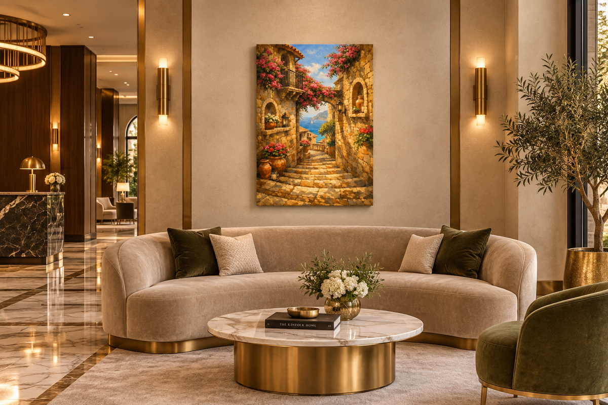Mediterranean stone alleyway canvas wall art above a curved sofa in an upscale hotel lobby lounge - Portugal Canvas Co
