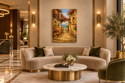 Mediterranean stone alleyway canvas wall art above a curved sofa in an upscale hotel lobby lounge - Portugal Canvas Co