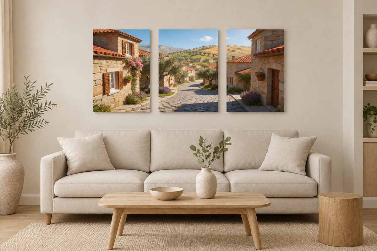 Sunlit stone village three-panel gallery-wrapped canvas above an ivory sofa in a warm living room - Portugal Canvas Co