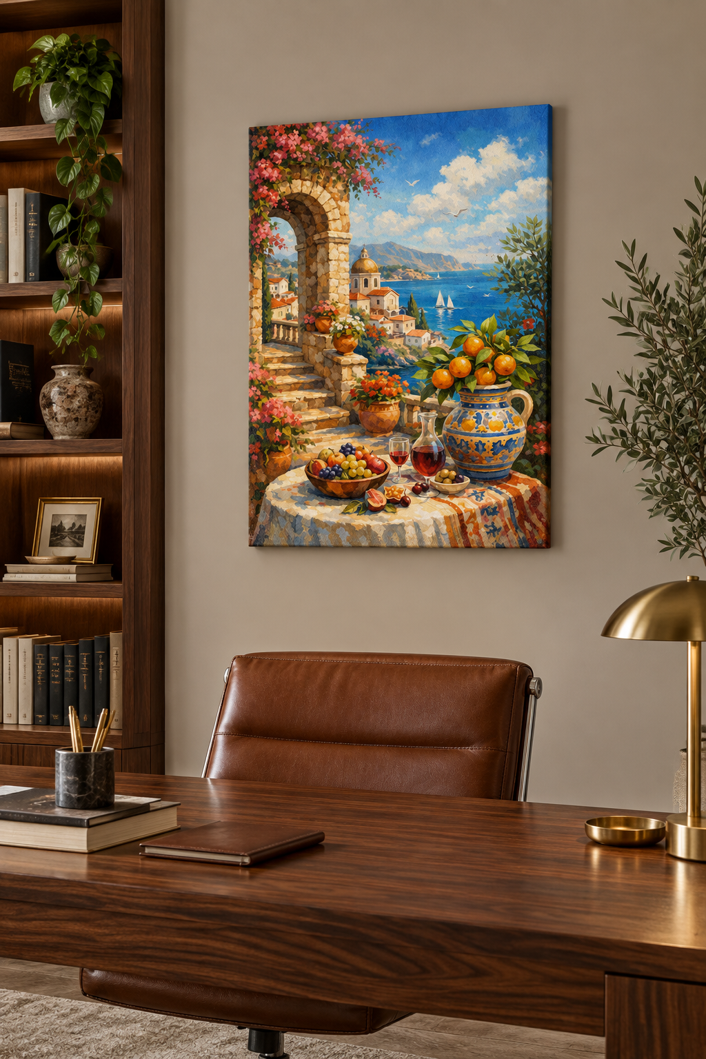Mediterranean coastal archway canvas with bougainvillea and sea view in an upscale home office - Portugal Canvas Co