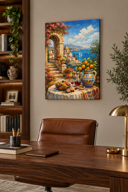 Mediterranean coastal archway canvas with bougainvillea and sea view in an upscale home office - Portugal Canvas Co