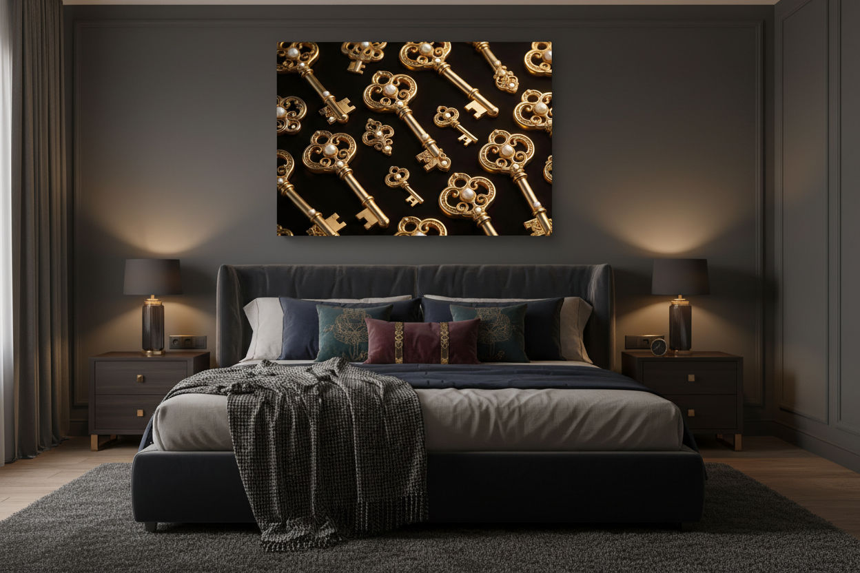 Divine Gold Keys canvas wall art displayed above the bed in a luxurious dark bedroom with navy walls and gold accent pillows - Portugal Canvas Co