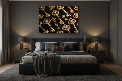 Divine Gold Keys canvas wall art displayed above the bed in a luxurious dark bedroom with navy walls and gold accent pillows - Portugal Canvas Co