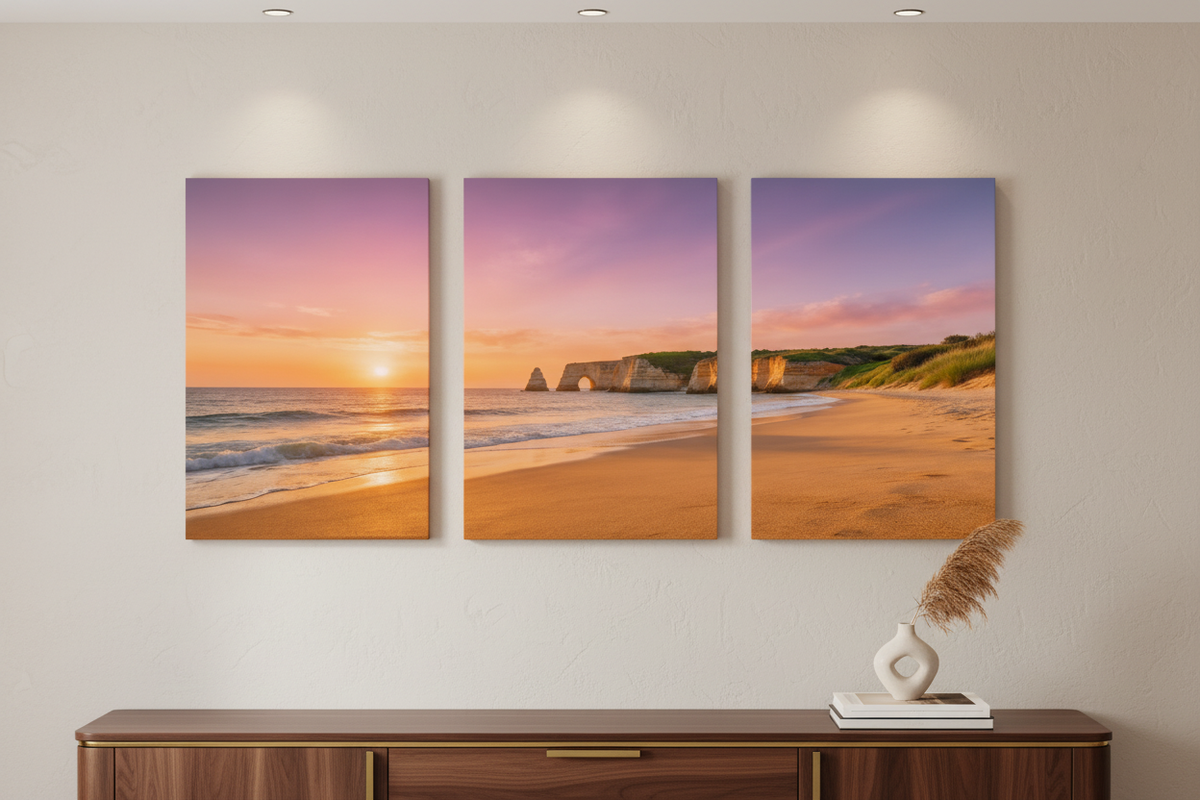 Algarve sunset beach triptych canvas above a premium wooden console - Portugal Canvas Co