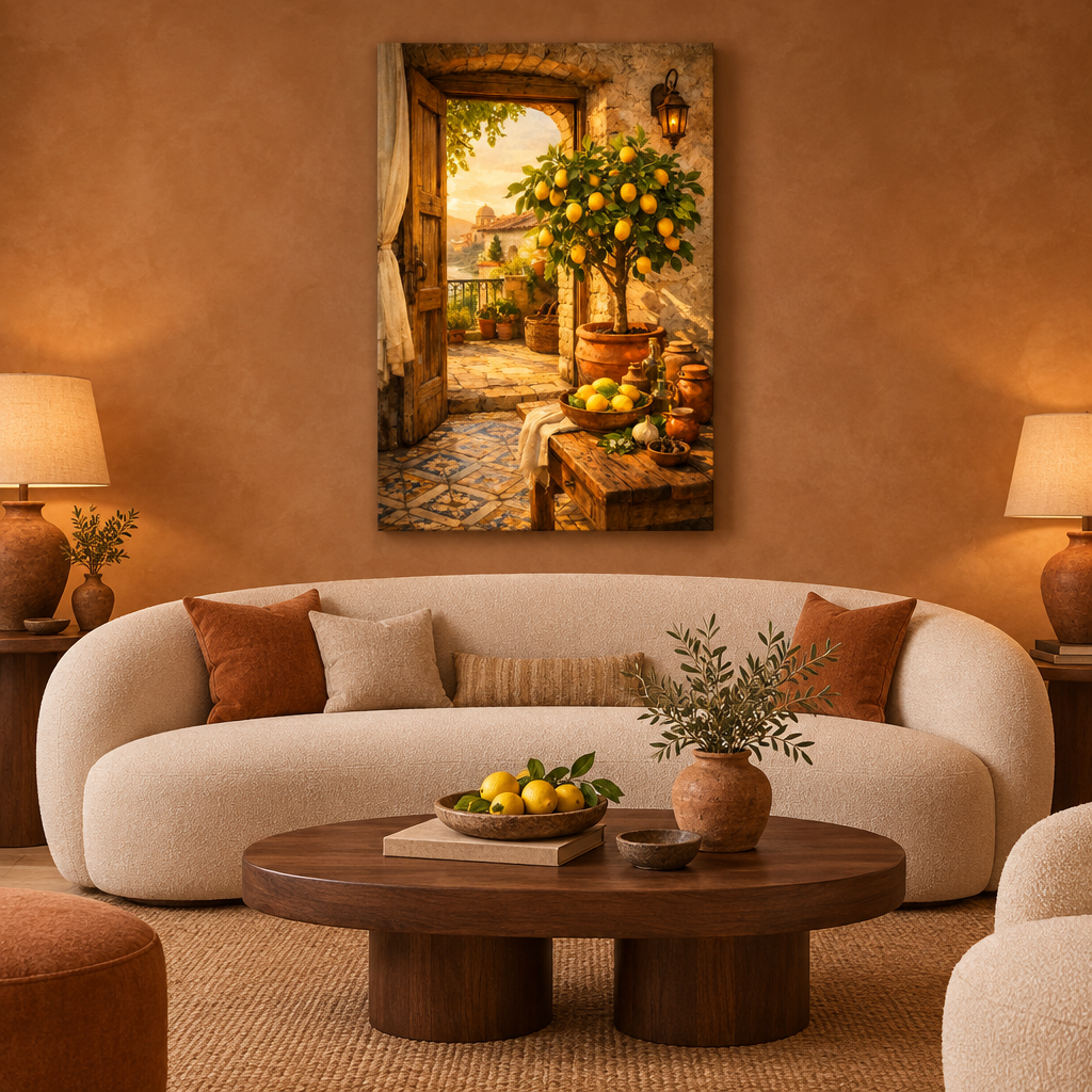 Mediterranean lemon tree canvas displayed in a terracotta sitting room - Portugal Canvas Co