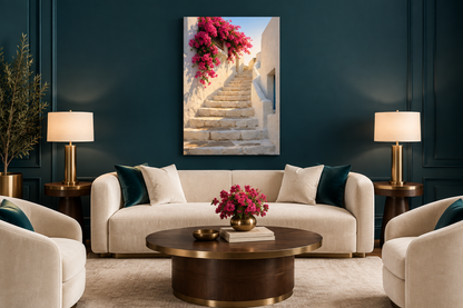 Greek staircase with pink bougainvillea canvas displayed in a teal boutique hotel lounge - Portugal Canvas Co