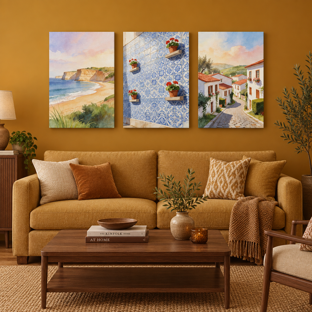 Three-piece Mediterranean canvas wall art in an ochre living room, beach, Portuguese tiles and village street - Portugal Canvas Co