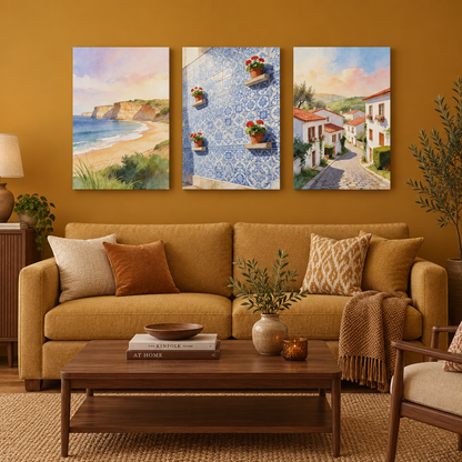 Three-piece Mediterranean canvas wall art in an ochre living room, beach, Portuguese tiles and village street - Portugal Canvas Co