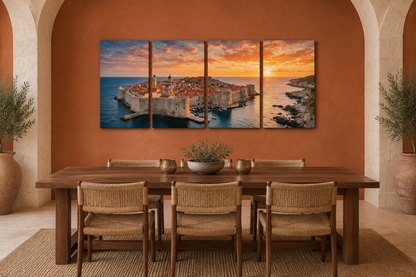 Dubrovnik Sunset four-panel canvas in a softly lit terracotta Mediterranean dining room - Portugal Canvas Co
