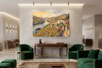 Douro Valley vineyard and river canvas in a luxury lobby with emerald seating - Portugal Canvas Co