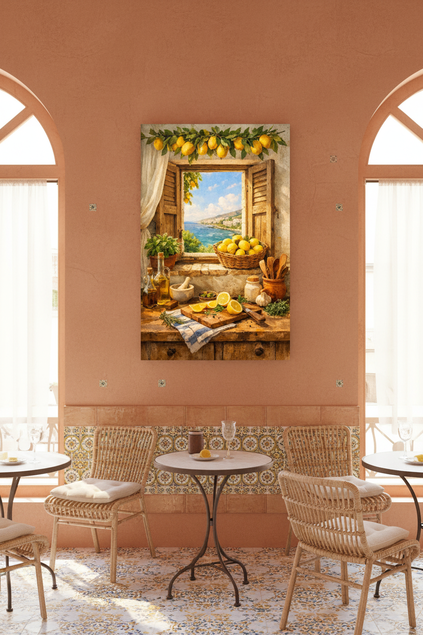 Mediterranean lemon kitchen still life canvas wall art displayed on a terracotta wall in a bright Mediterranean café with mosaic tiles and wicker chairs - Portugal Canvas Co