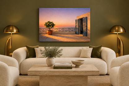 Lemon tree terrace canvas in an olive and ivory luxury salon - Portugal Canvas Co
