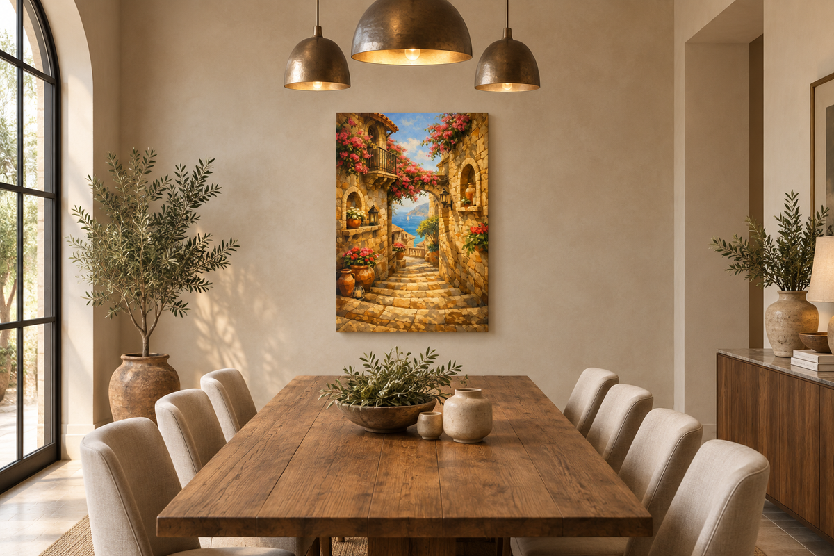Mediterranean stone alleyway canvas wall art above a wooden dining table in an elegant dining room - Portugal Canvas Co