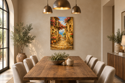 Mediterranean stone alleyway canvas wall art above a wooden dining table in an elegant dining room - Portugal Canvas Co