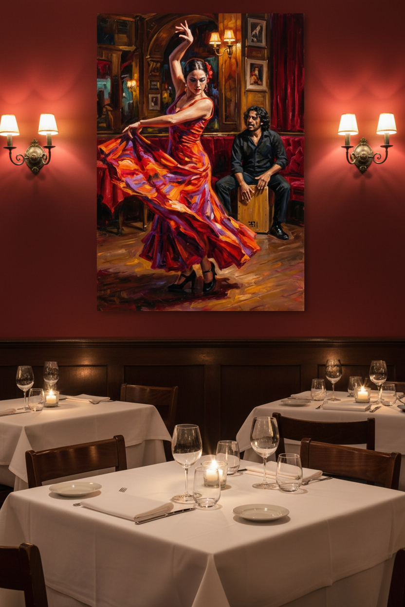 Flamenco dancer and cajón musician canvas wall art displayed on a deep red wall in an upscale Spanish restaurant with candlelit tables - Portugal Canvas Co