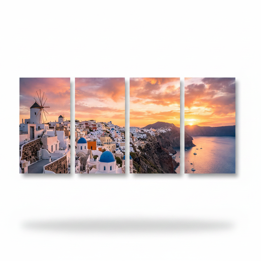 Santorini sunset four-panel canvas wall art on white background - Portugal Canvas Co