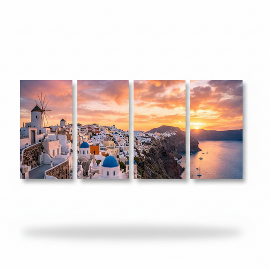 Santorini sunset four-panel canvas wall art on white background - Portugal Canvas Co