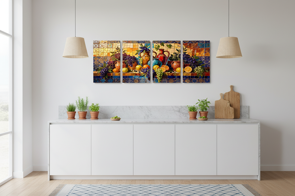 Mediterranean Mosaic Harvest Four-Panel Canvas Wall Art Set displayed in a modern home kitchen - Portugal Canvas Co