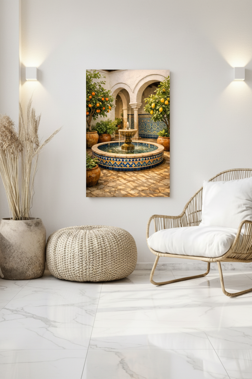 Andalusian courtyard fountain canvas wall art displayed on a white wall in a luxury boutique hotel lobby with marble floors and warm sconce lighting - Portugal Canvas Co