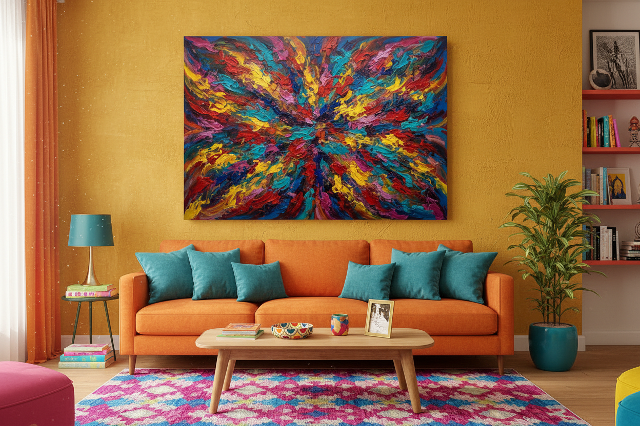 Rainbow energy burst abstract canvas wall art displayed on mustard yellow wall above orange sofa in vibrant maximalist eclectic living room - Portugal Canvas Co