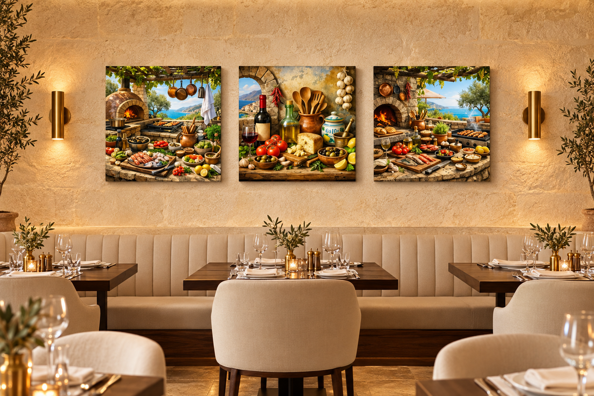 Mediterranean cooking three-square-panel canvas set displayed in an elegant fine-dining restaurant - Portugal Canvas Co
