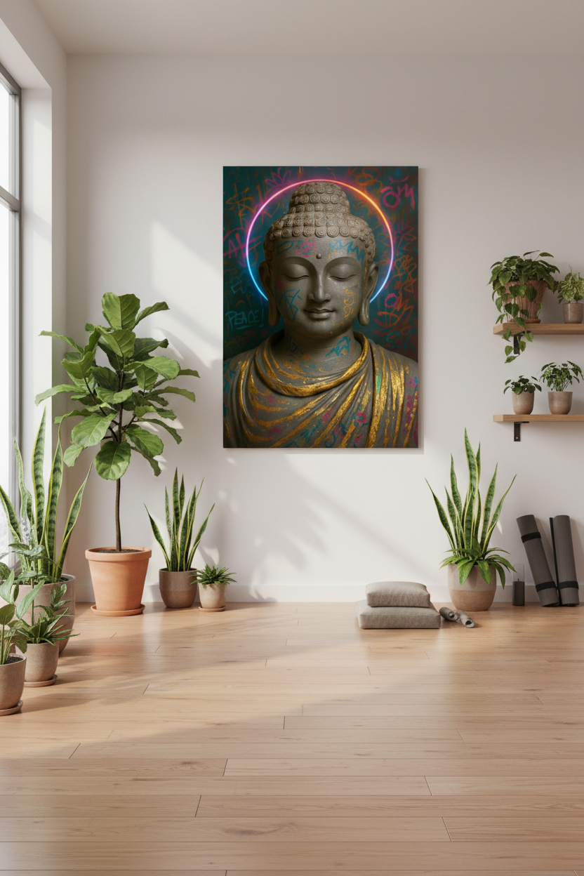 Graffiti Buddha canvas wall art with neon halo and colourful urban background displayed in a modern yoga and meditation studio with wooden floors, plants and soft natural light - Portugal Canvas Co