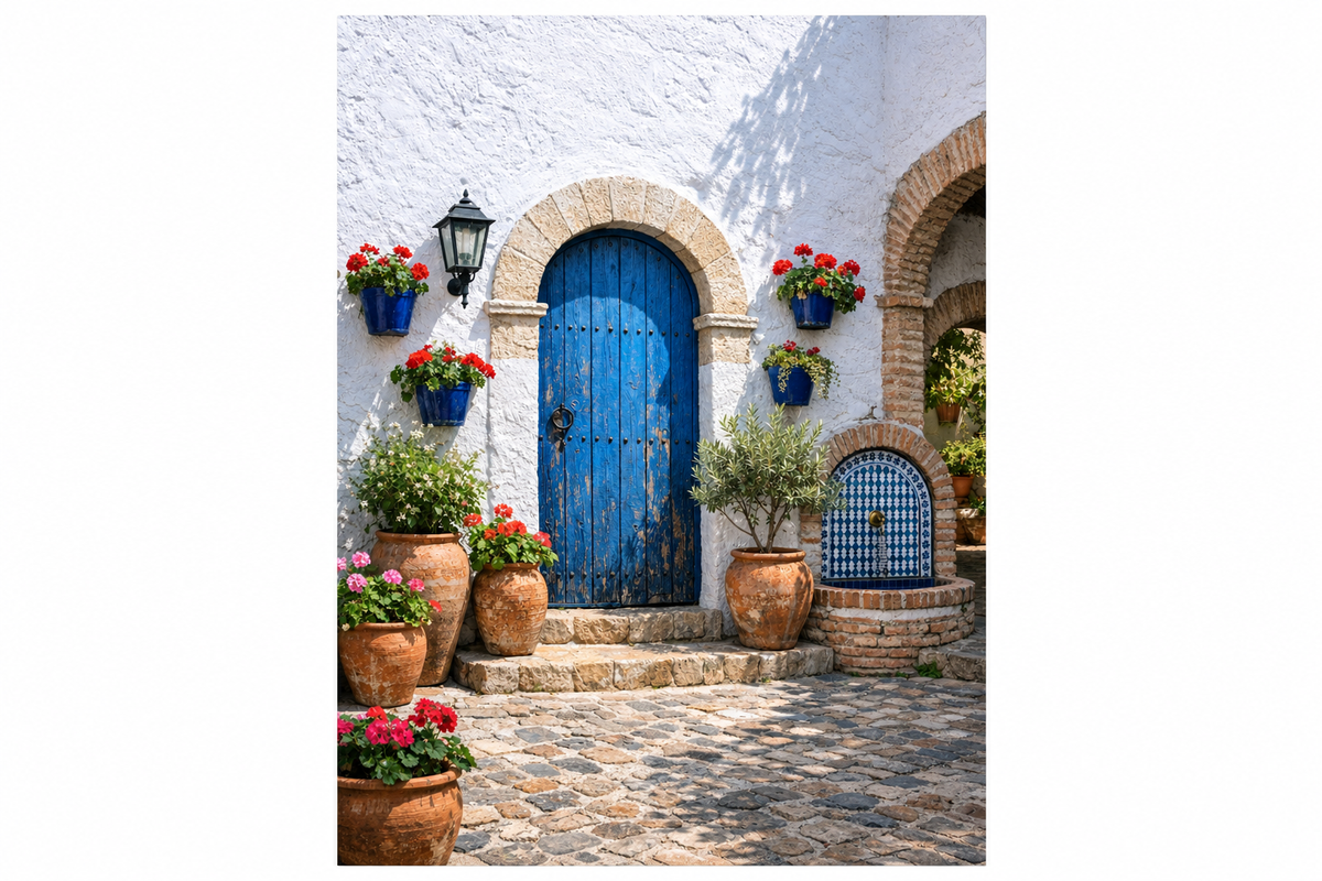 Mediterranean blue door courtyard portrait canvas artwork with red flowers and tiled fountain on a white background - Portugal Canvas Co