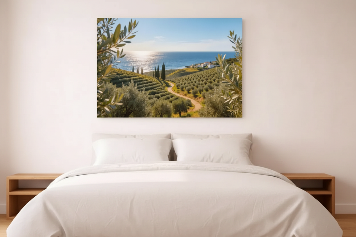 Mediterranean olive grove coastal landscape canvas wall art displayed above a king-size bed with white linen in a serene coastal bedroom - Portugal Canvas Co