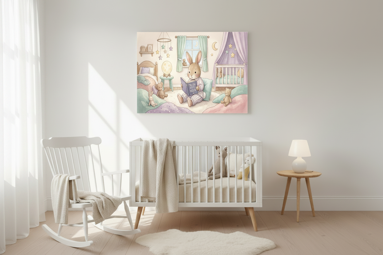 Whimsical bedtime rabbit reading nursery canvas wall art in a bright airy nursery corner with rocking chair and knit throw - Portugal Canvas Co