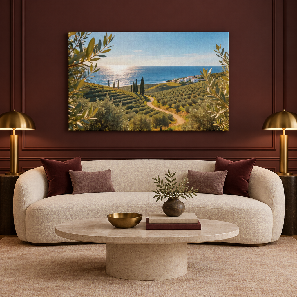 Mediterranean olive grove coastal landscape canvas above a curved cream sofa in a burgundy sitting room - Portugal Canvas Co