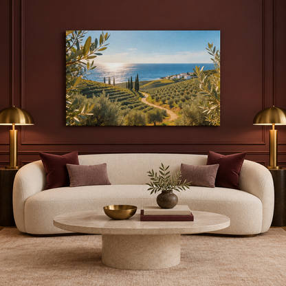 Mediterranean olive grove coastal landscape canvas above a curved cream sofa in a burgundy sitting room - Portugal Canvas Co
