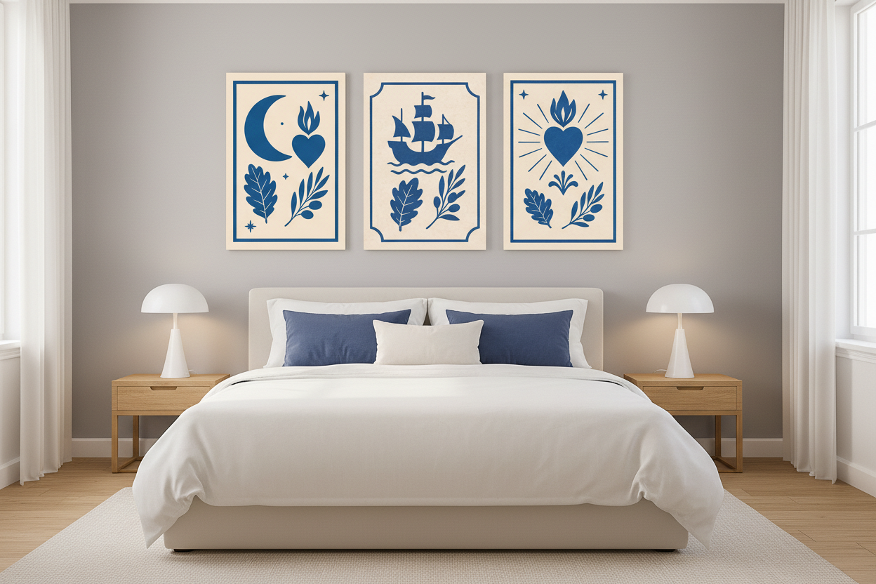 Nautical folk art moon ship and heart triptych canvas wall art set displayed in a bright airy bedroom interior - Portugal Canvas Co